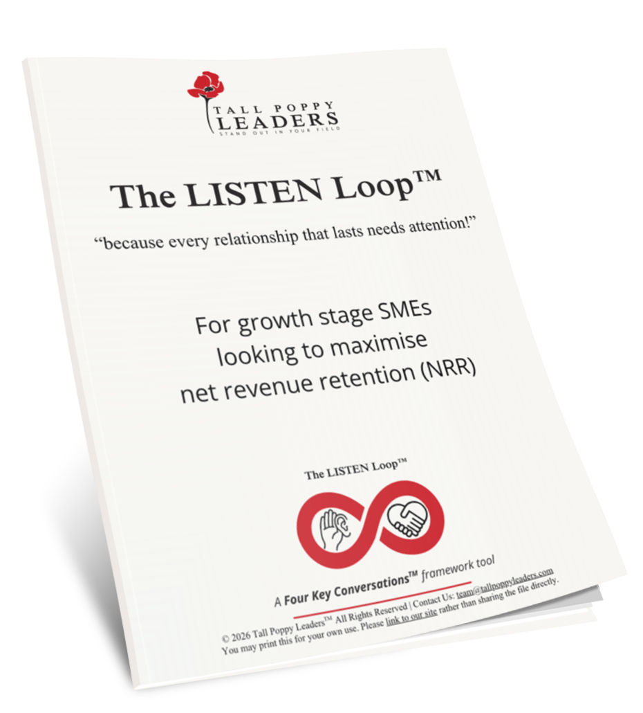 An image of the cover of the LISTEN Loop with text that reads in speech marks: "Because every relationship that lasts needs attention." Below that strapline: "For growth-stage SMEs looking to maximise net revenue retention (NRR)."